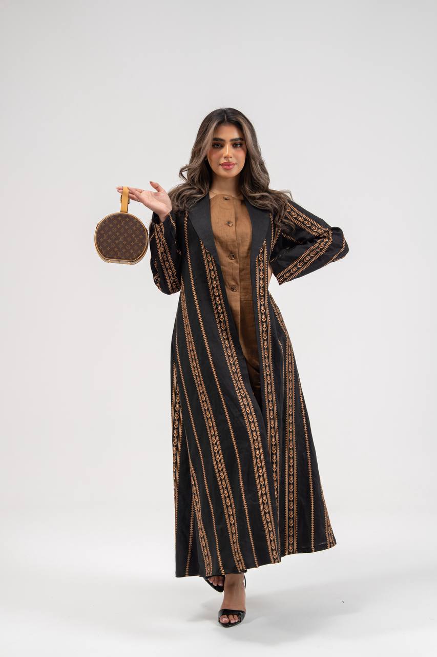 Linen abaya in black with embroidery. C:6764