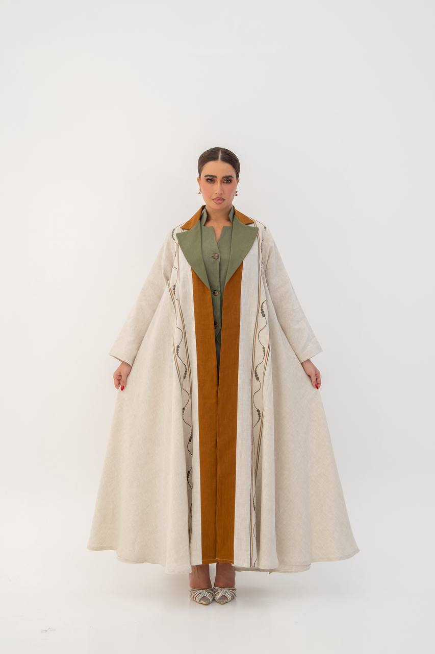 Beige linen abaya with embroidery. C:6787