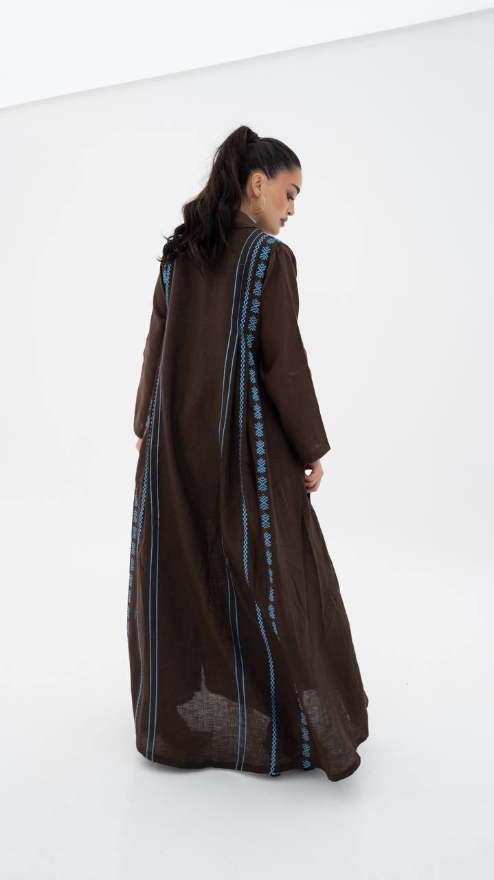 Linen abaya in brown with embroidery.C:6683