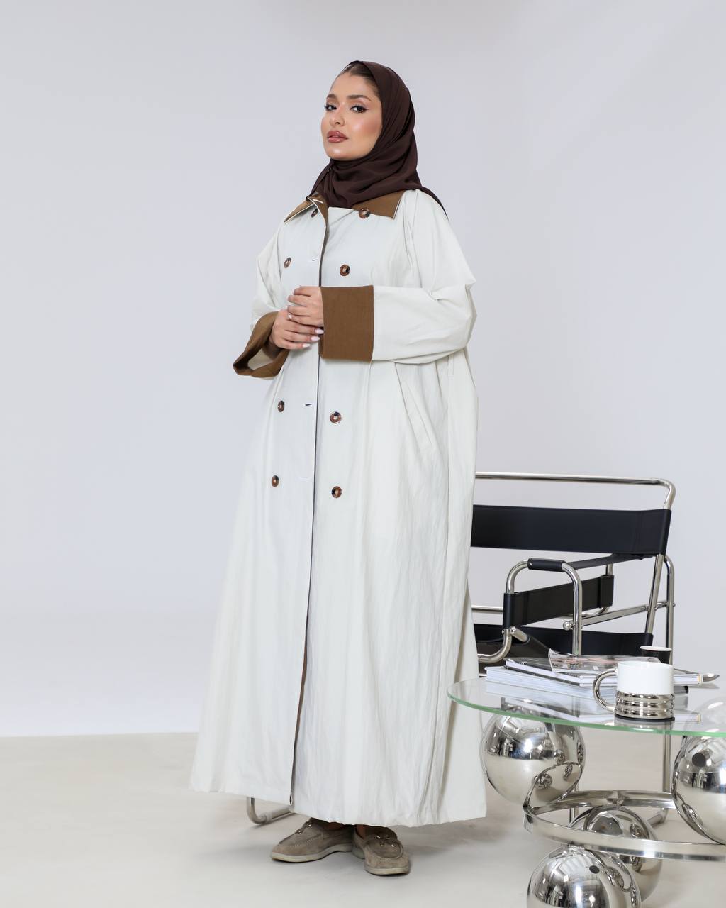 Free size trench coat, beige with brown details C:6656 Beige