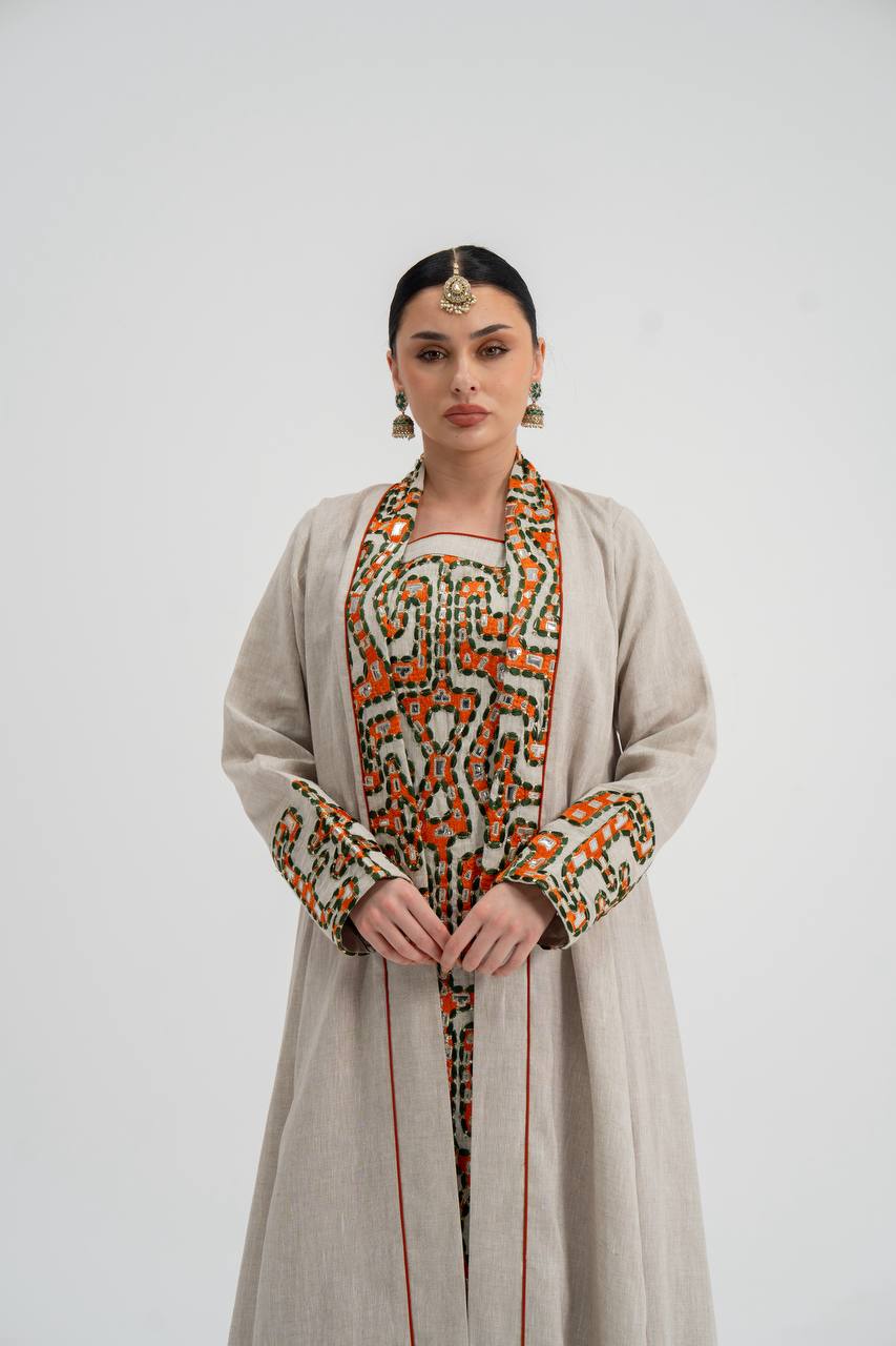 Abaya and dress set, light beige linen with embroidery. C:6743