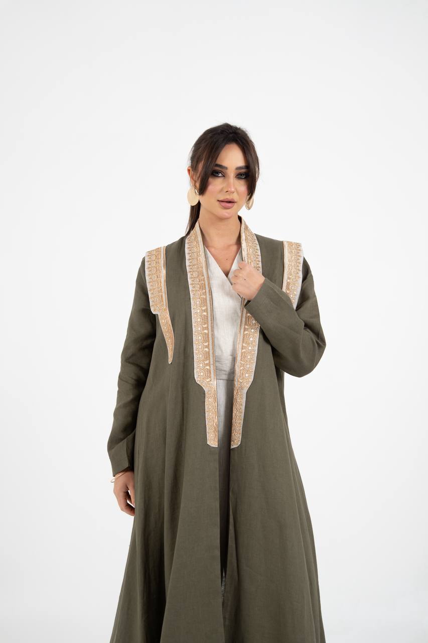 Linen abaya in olive green with embroidery. C:6762