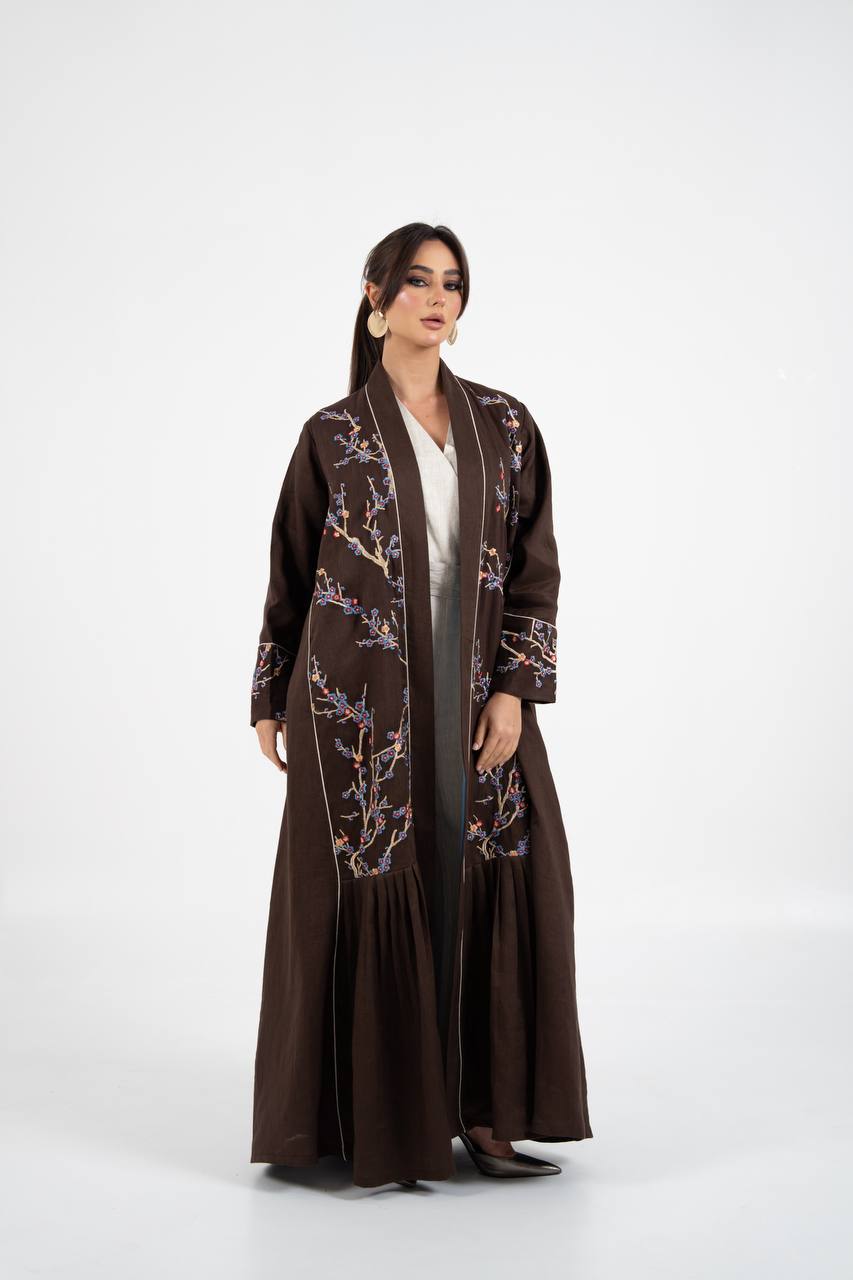 Linen abaya in brown with embroidery. C:6760