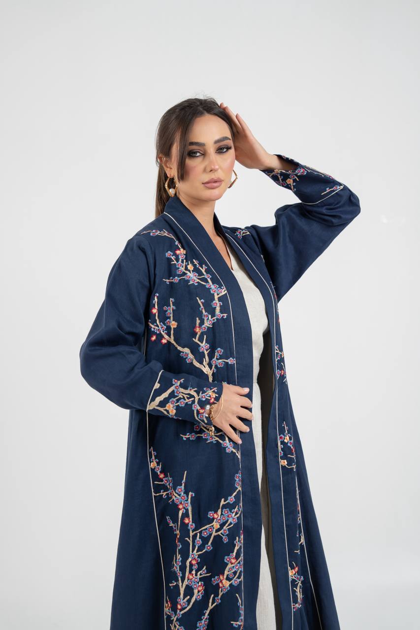 Linen abaya in navy blue with embroidery. C:6760 Blue