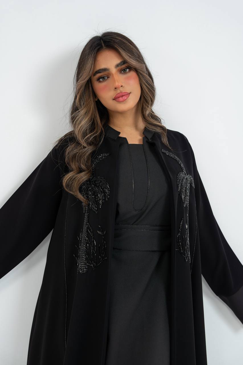 Black crepe abaya with hand-stitched details. C:6748 black. crepe
