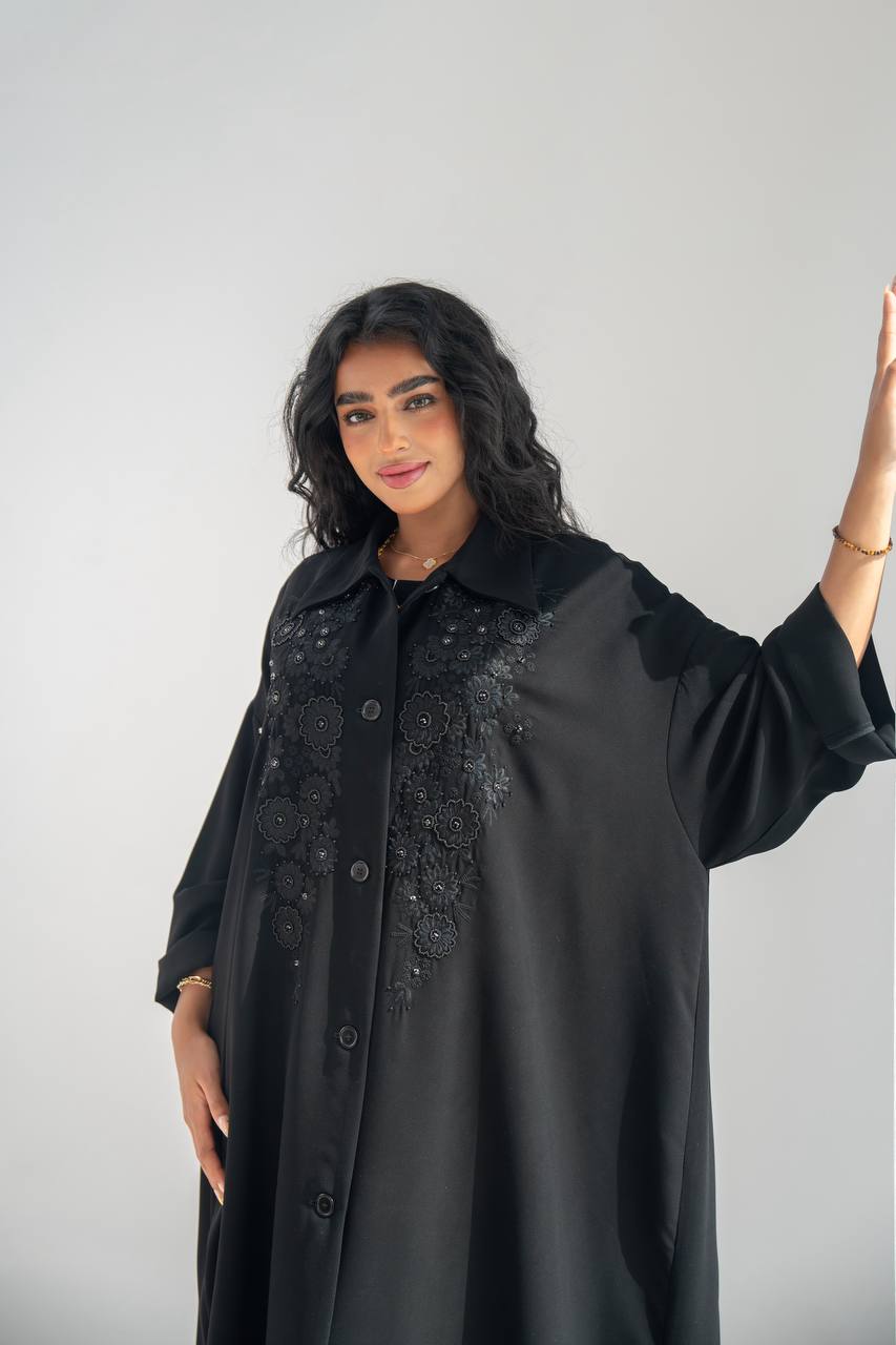 Black crepe abaya with hand embroidery and beading C:6650