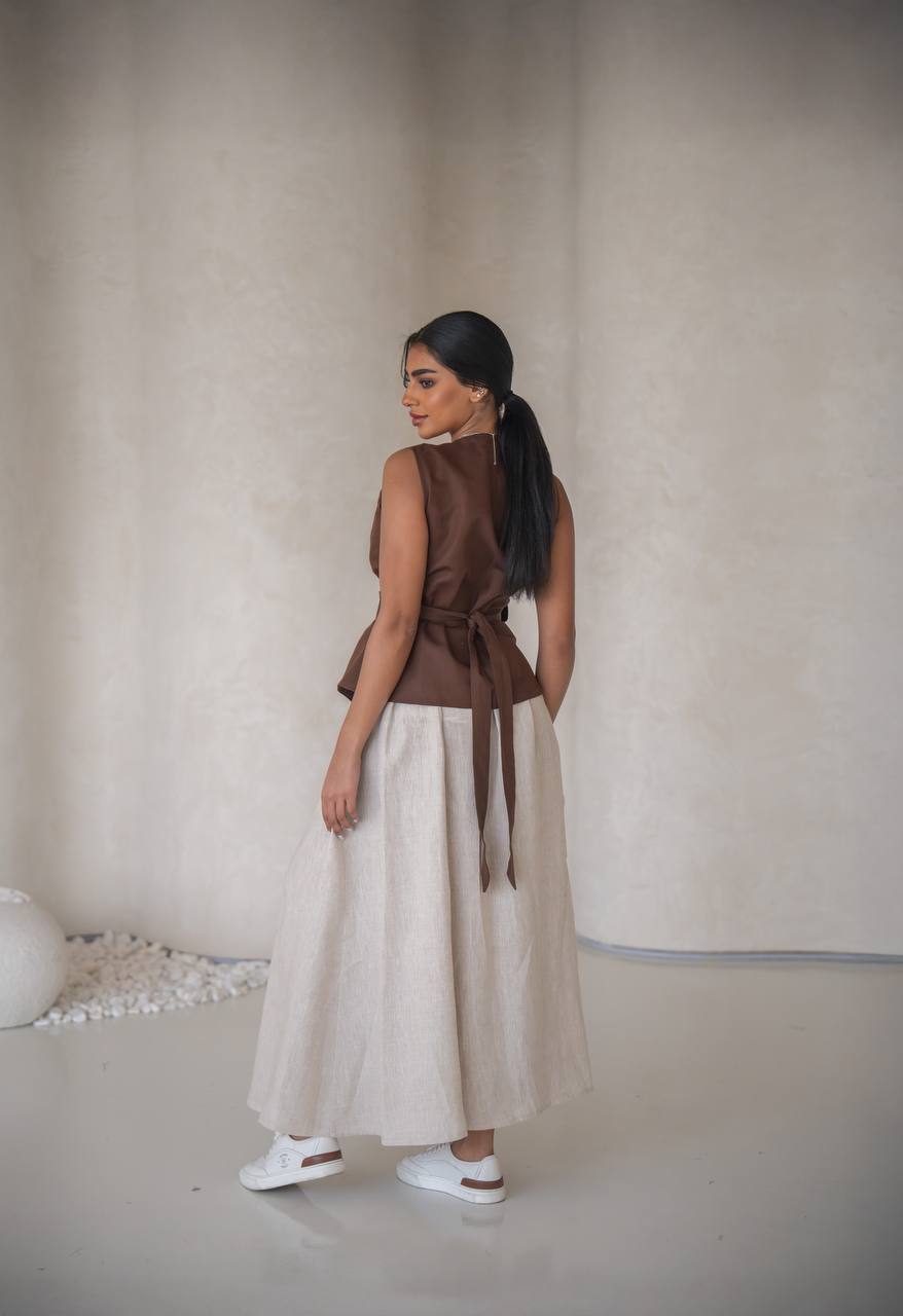 Linen blouse and skirt set C:205 Brown-Beige