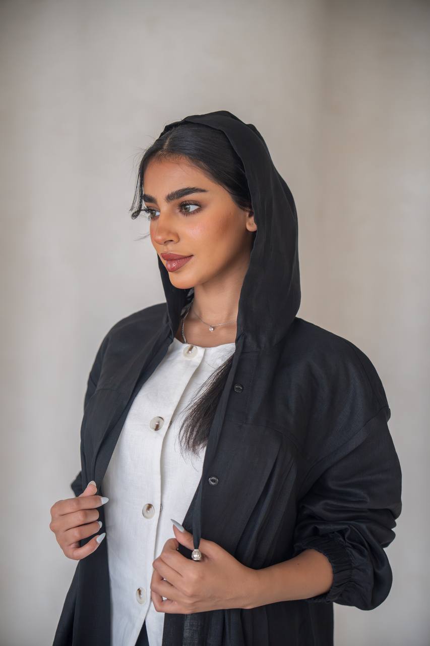 Black abaya with inner set, made of linen C:6634 Black