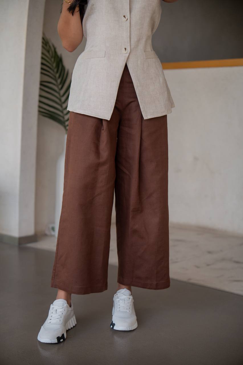 Set consisting of brown pants with a beige linen vest C:202 Biege-Brown