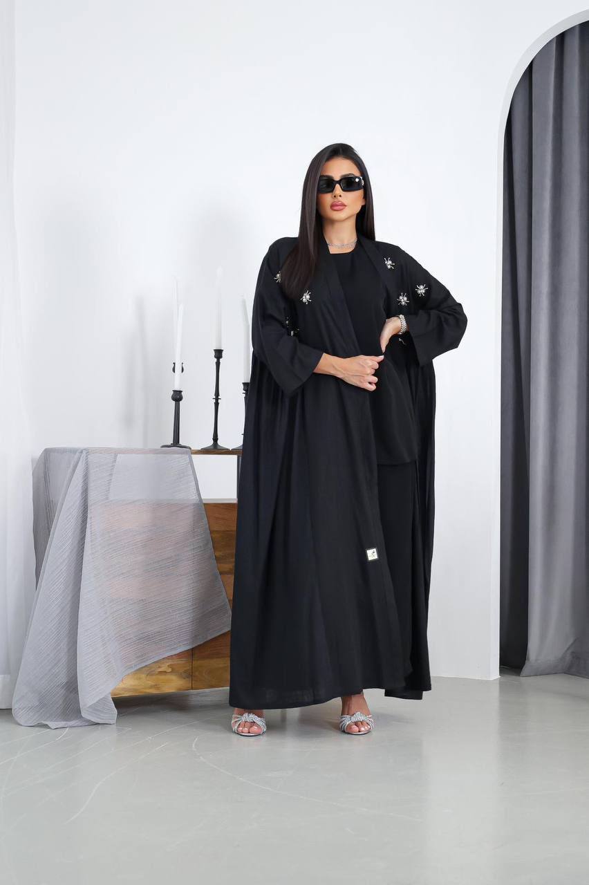 Free size black linen abaya with hand embroidery C:3026 Black (Free size)