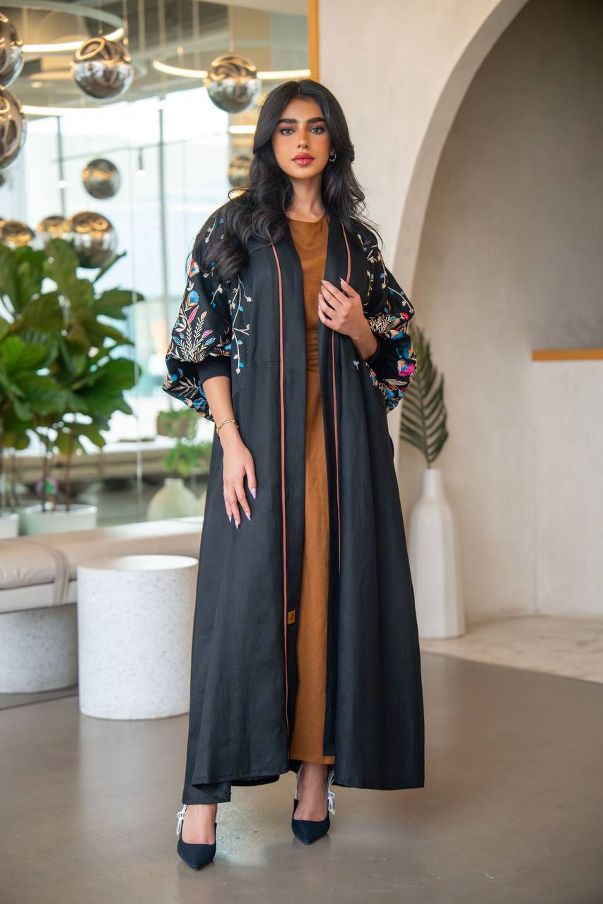 Free size black linen abaya with embroidery C:6631 Blue (Free size)
