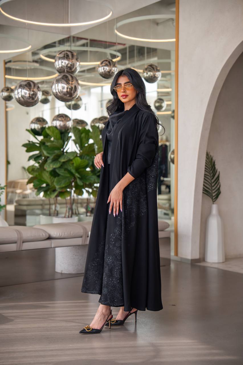 Black Cuban crepe abaya with embroidery C:6630 Black