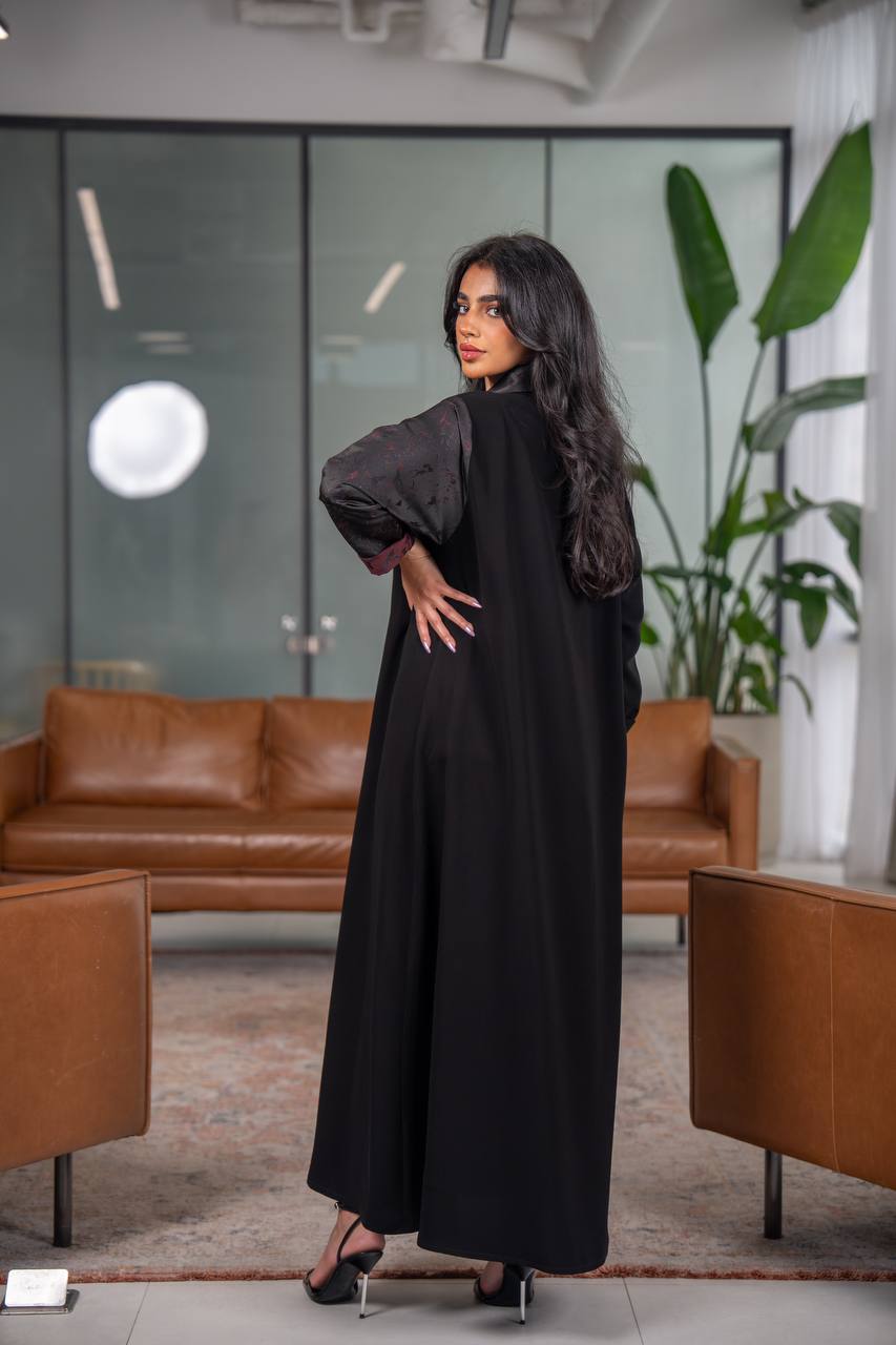 Black crepe blazer abaya with jacquard fabric C:6626