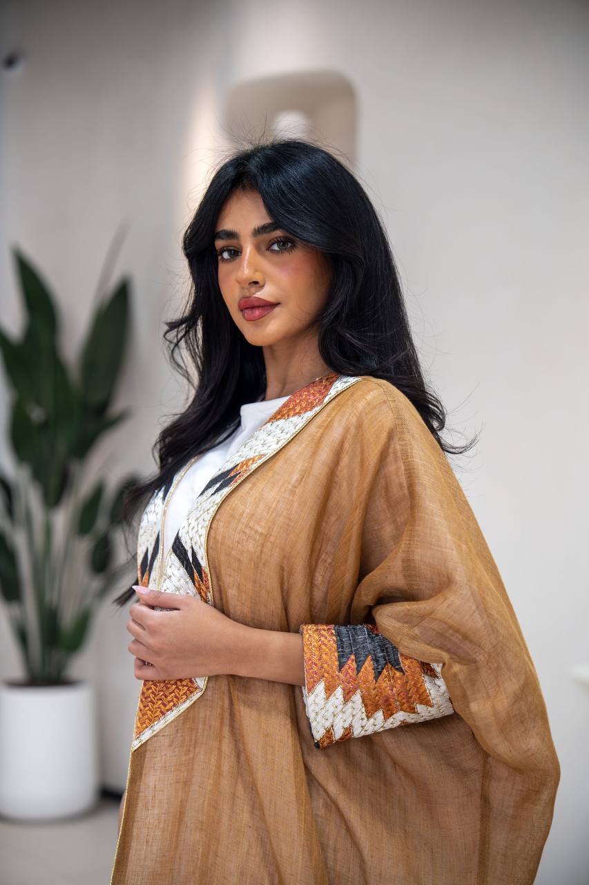 Camel-colored burlap bisht abaya with embroidery C:6621 (Free size)