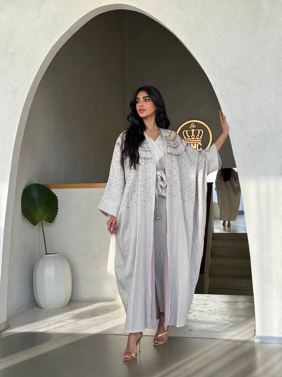 Light beige crepe abaya with hand embroidery C:6361 Beige