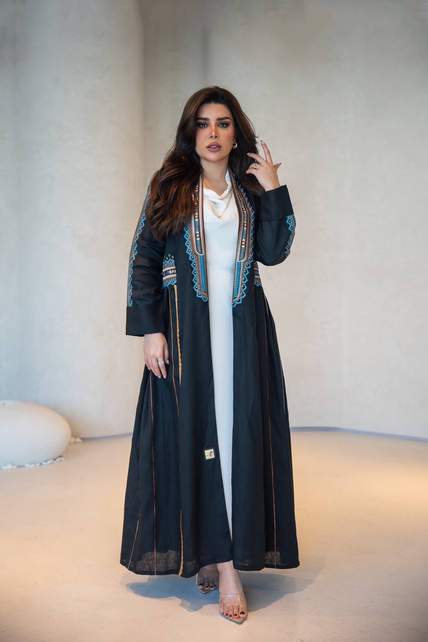 Black Linen Abaya with Embroidery C:6605 Black/Blue