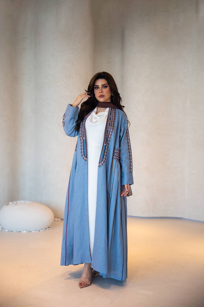 Sky blue linen abaya with embroidery C:6605