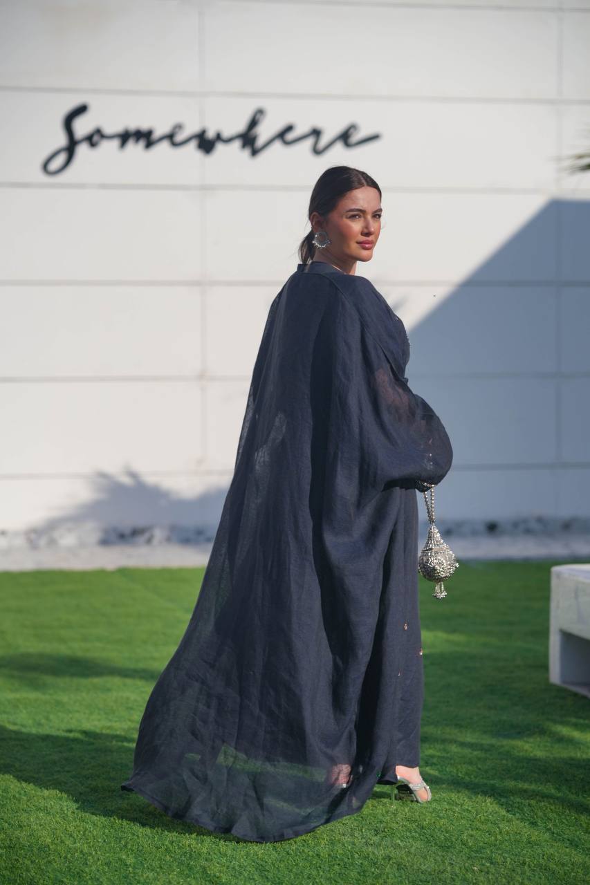 Bisht made of hessian material and linen dress, in navy blue with hand embroidery C:6619 (Free size)