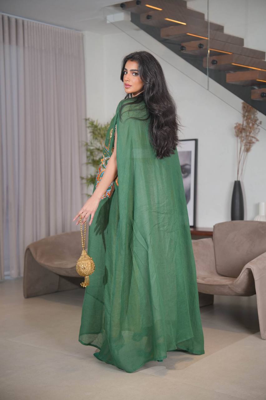 Green Bisht with beige linen dress with orange and embroidery C:6614