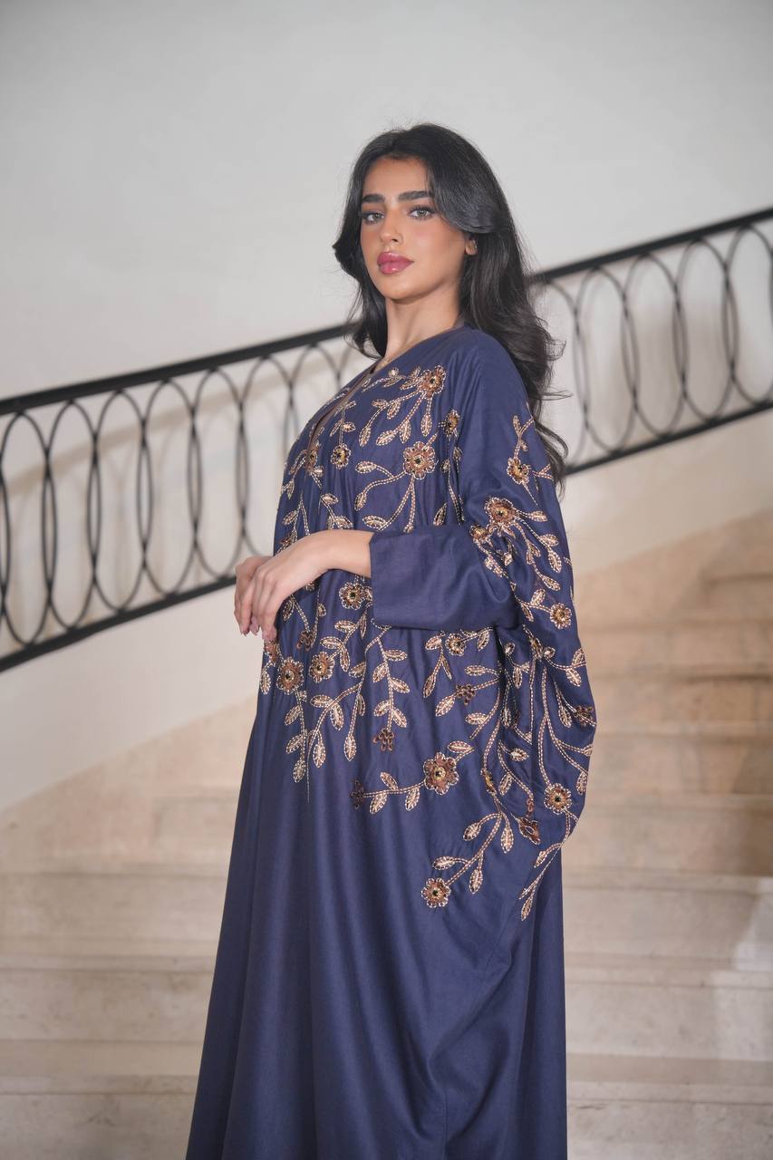Navy Linen Bisht with Embroidery C:6595 (Free size)