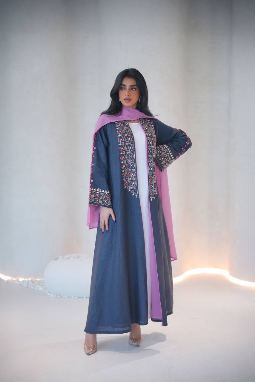 Linen abaya in navy blue with embroidery C:6604