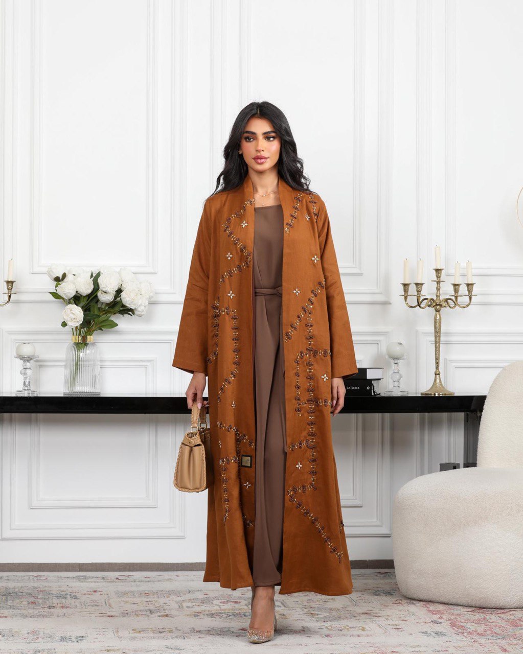 Abaya camel linen with pearl C:6488 BROWN