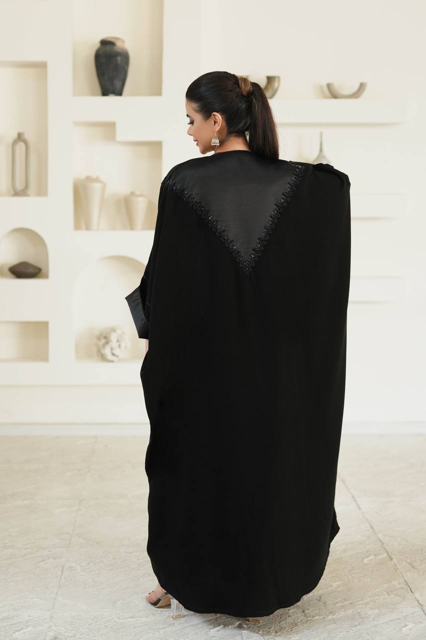 Crepe abaya with satin, black with embroidery C:6599 Black