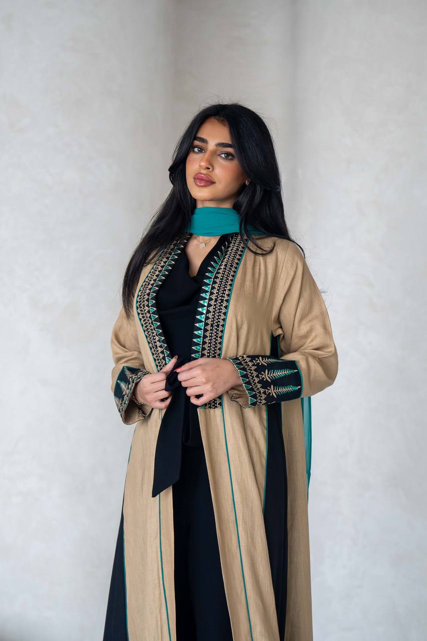 Linen beige abaya with embroidery C:6588 Beige