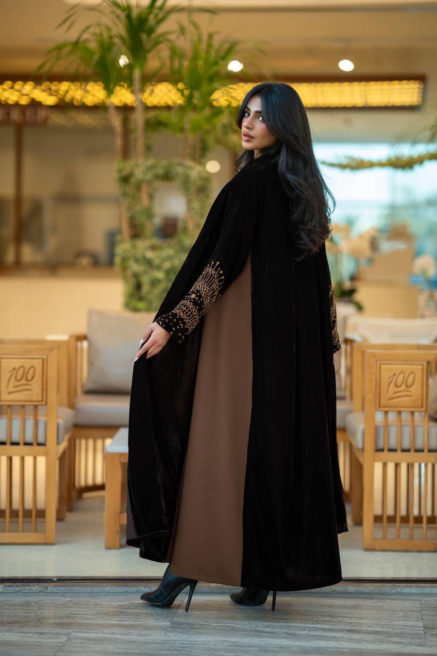 Black velvet abaya with brown crepe 6579