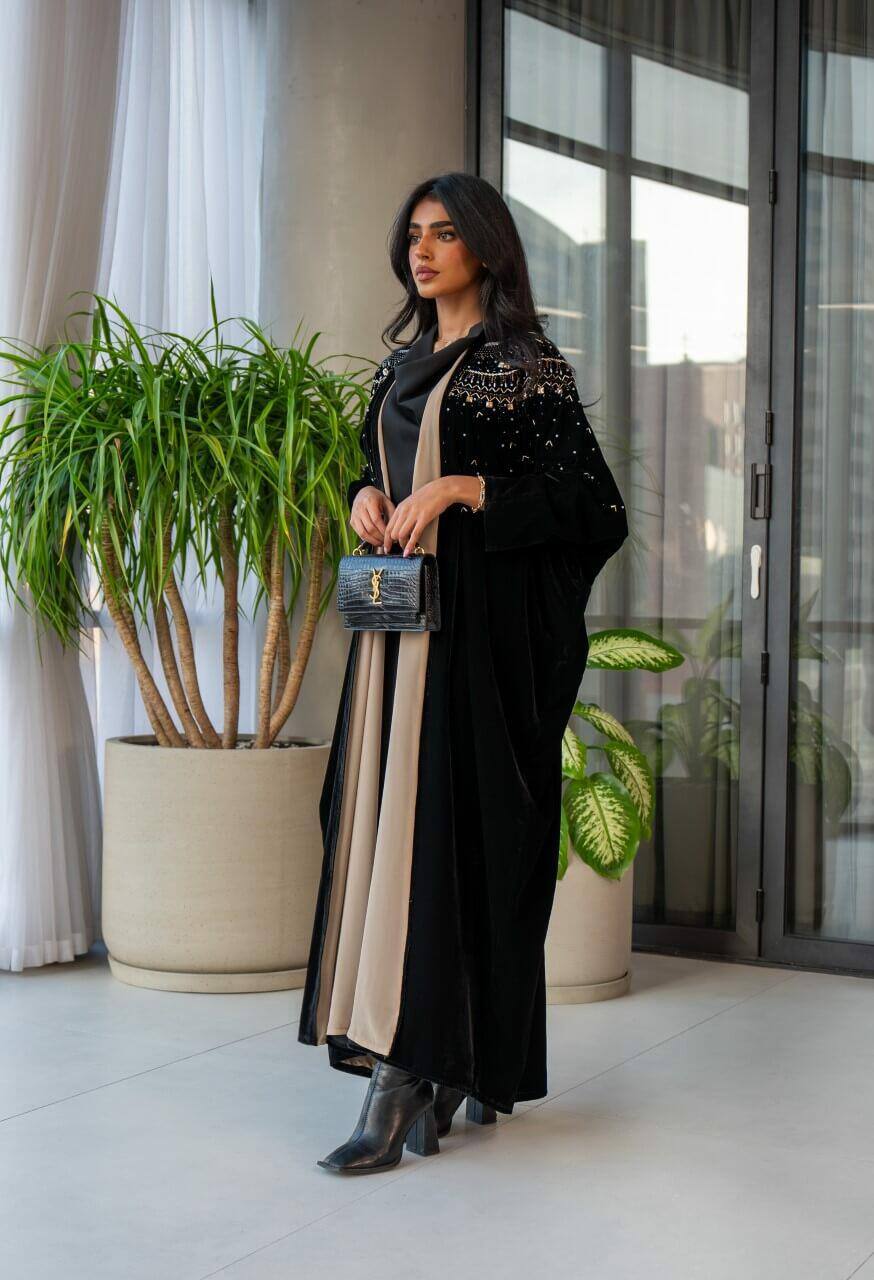 Black velvet Bisht abaya with embroidery C:6571(Free size)
