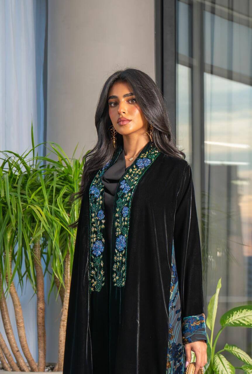 Plain velvet abaya and floral velvet with hand doubt C:6574