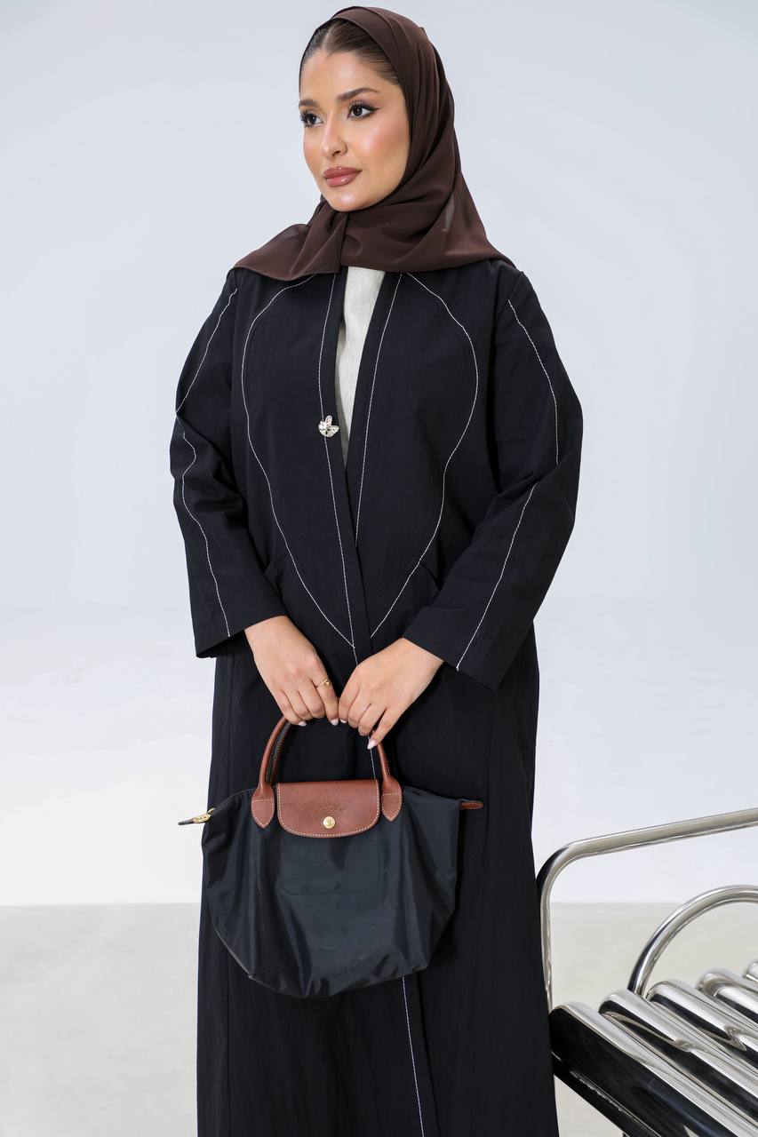 Black trench coat with white embroidery details C:6655