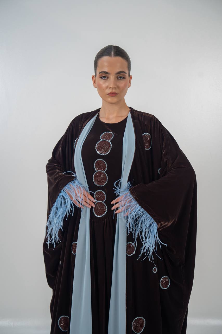 Bisht and dress set in brown velvet with hand embellishment.C:6718