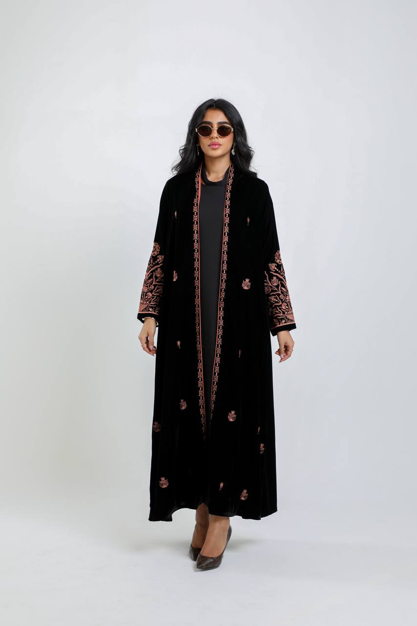 Black velvet abaya with orange embroidery. C:6721