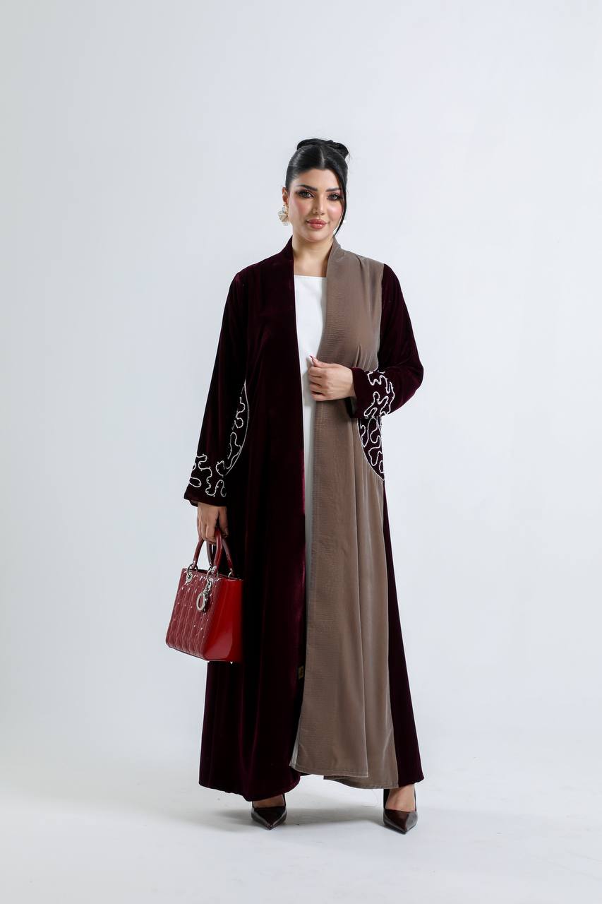 Burgundy and beige velvet abaya with hand embroidery. C:6724