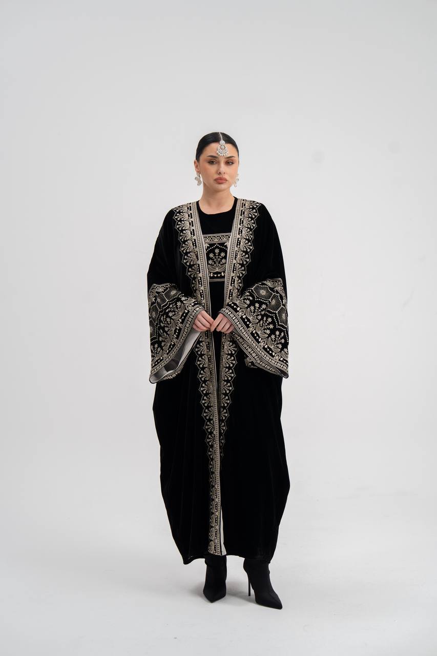 Black velvet abaya with embroidery. C:6744