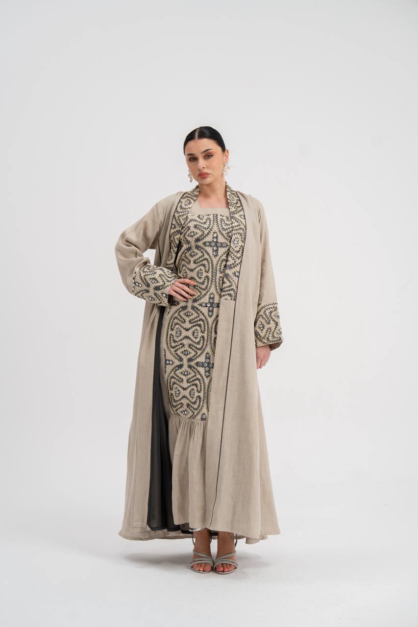 Abaya and dress set, linen with embroidery. C:6741
