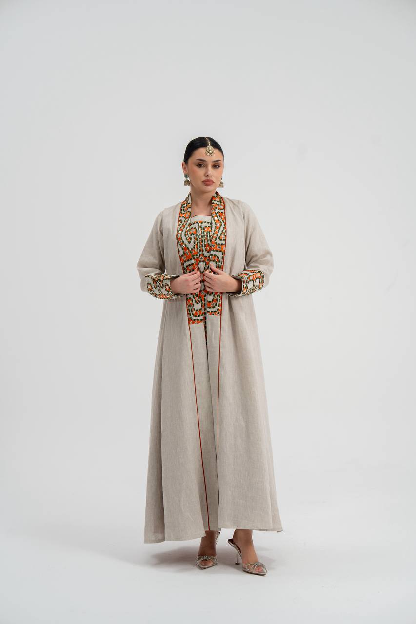 Abaya and dress set, light beige linen with embroidery. C:6743 Abaya and dress set, light beige linen with embroidery. C:6743