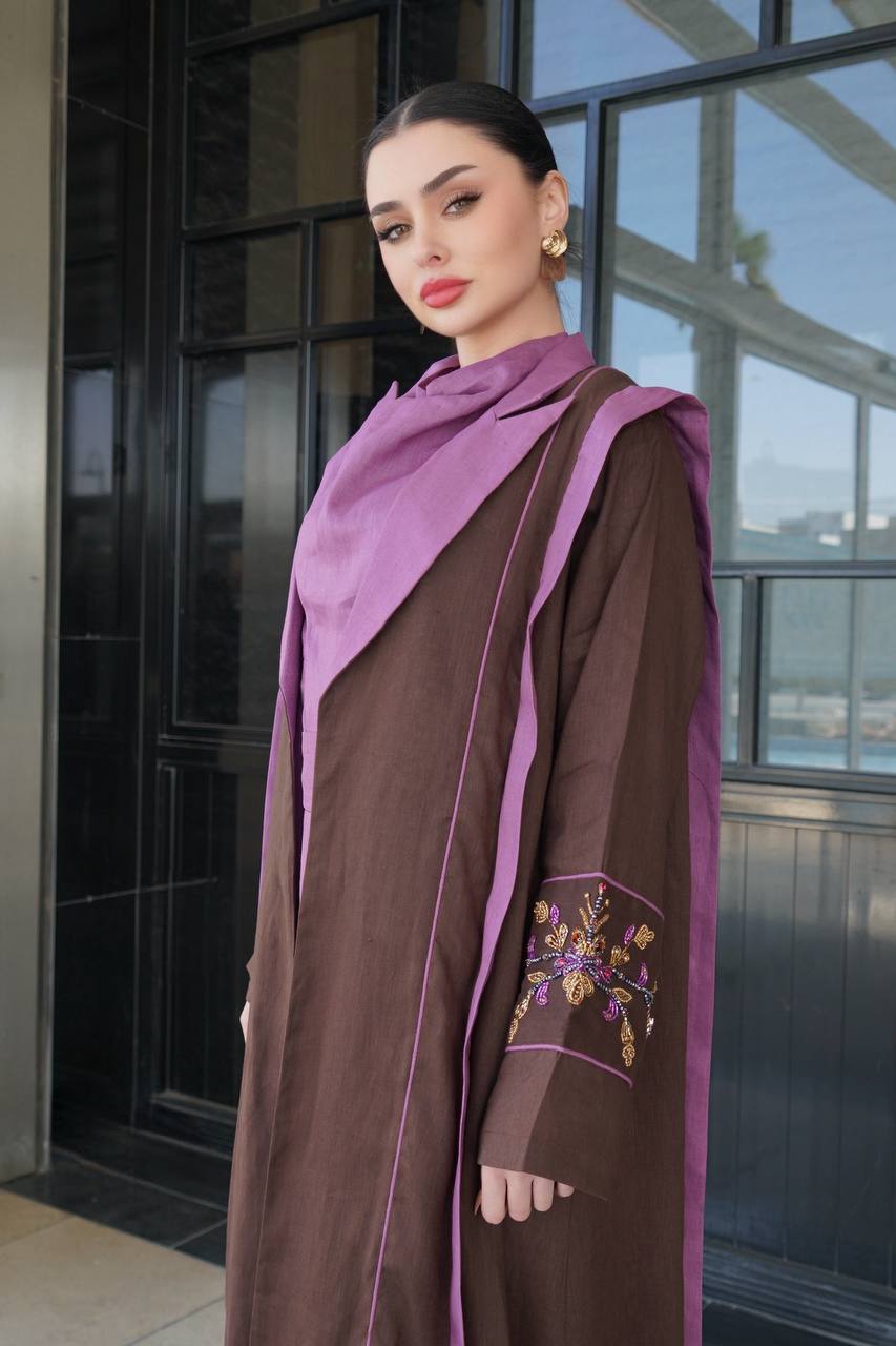 Brown linen blazer abaya with embellishments. C:6755