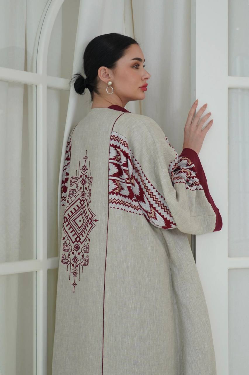 Beige linen abaya with embroidery. C:6757