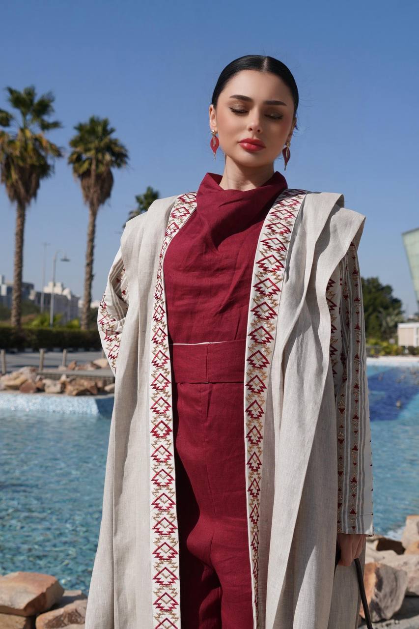 Beige linen abaya with embroidery. C:6758
