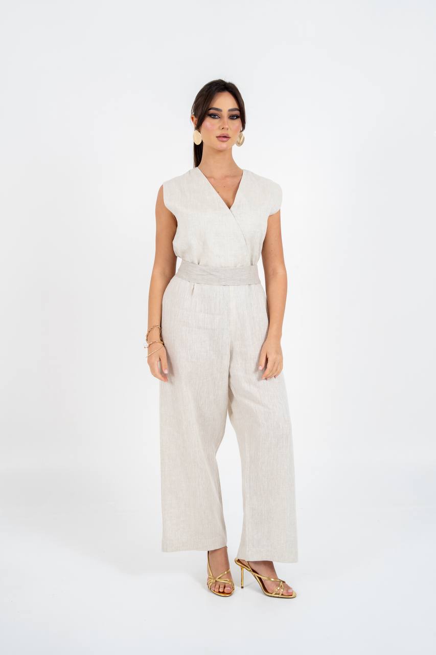 Light beige linen jumpsuit. C:102