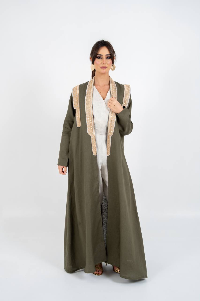 Linen abaya in olive green with embroidery. C:6762