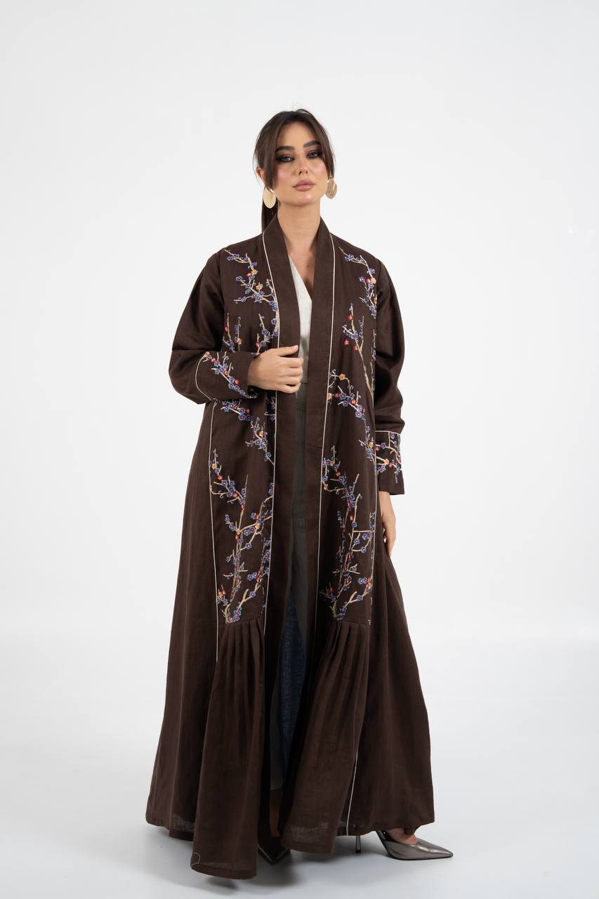 Linen abaya in brown with embroidery. C:6760