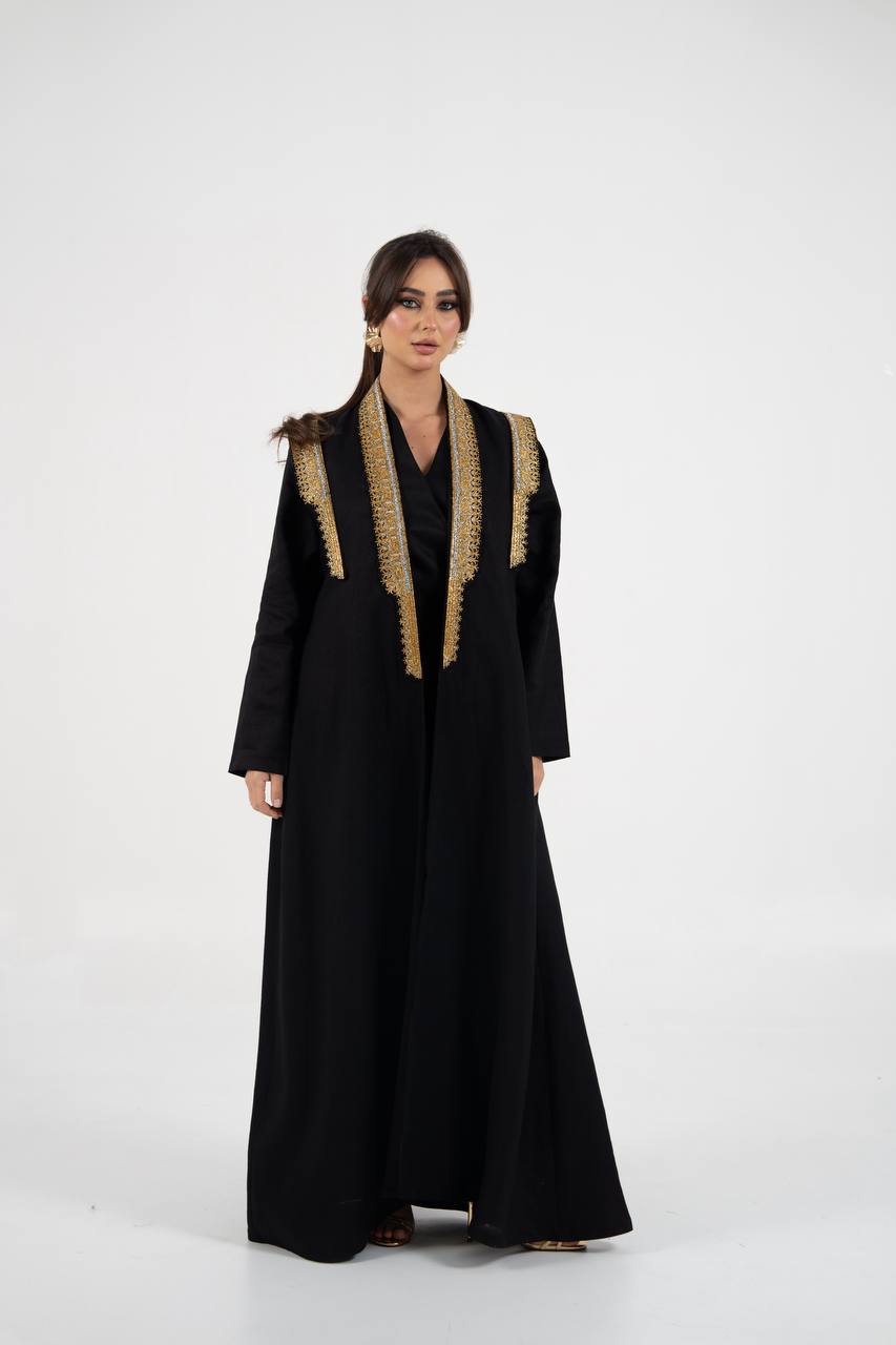Linen abaya in black with embroidery. C:6762