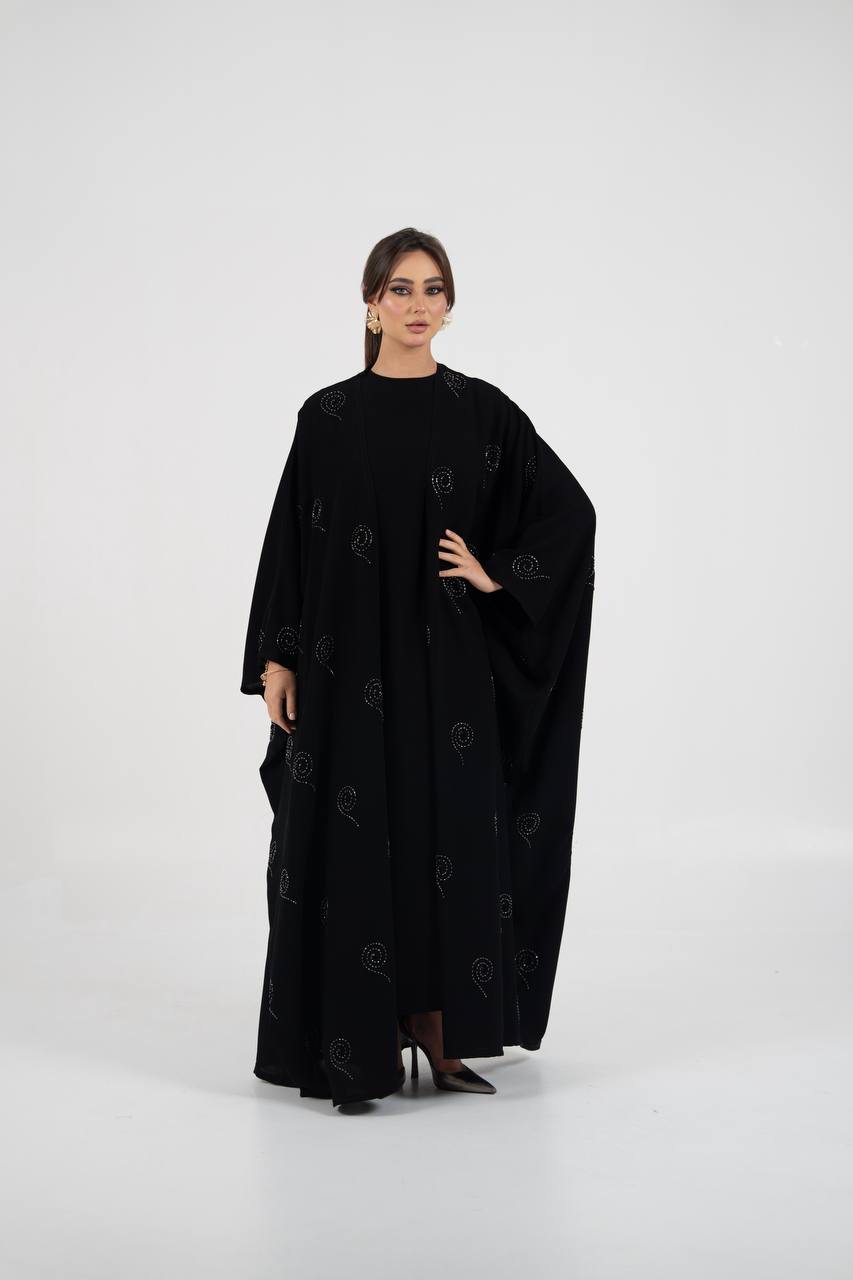 Black crepe abaya with beading and embroidery. C:6761