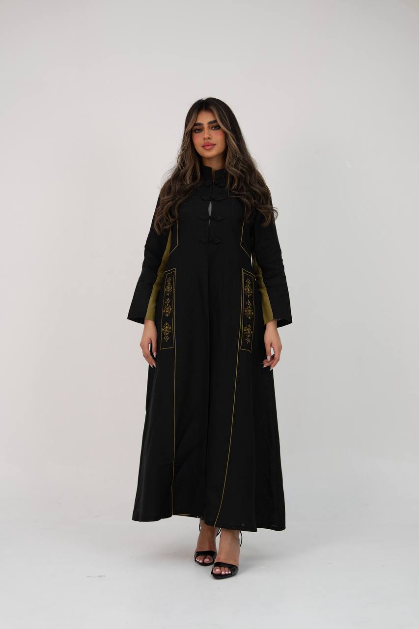 عباية لينن باللون الاسود مع شك يدوي . C:6766