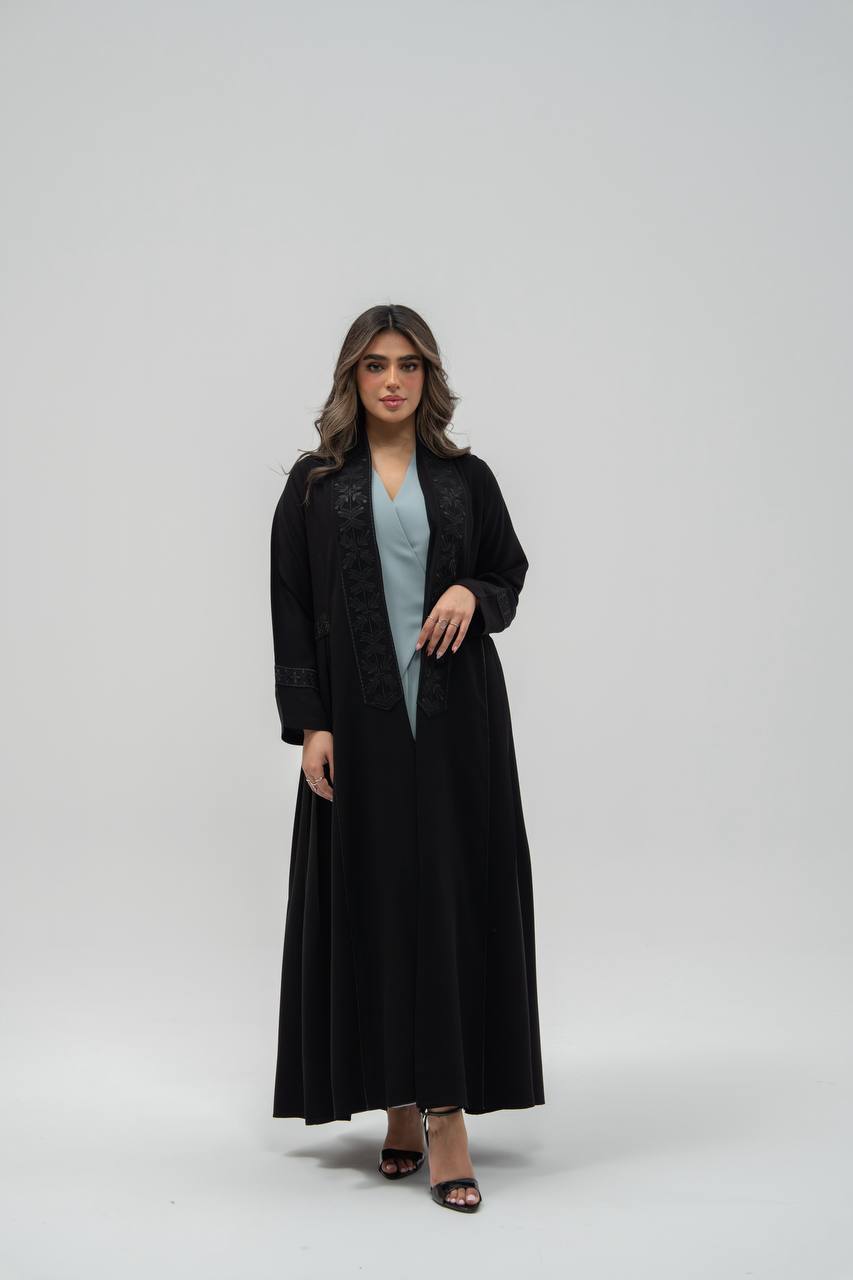 Black crepe abaya with hand-stitched details.C:6700 black crepe