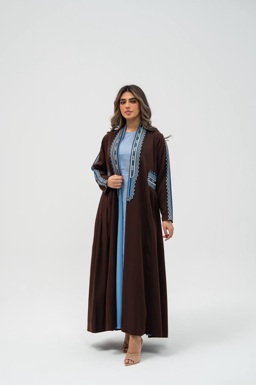 Brown crepe fabric abaya with embroidery. C: 6702 brown crepe
