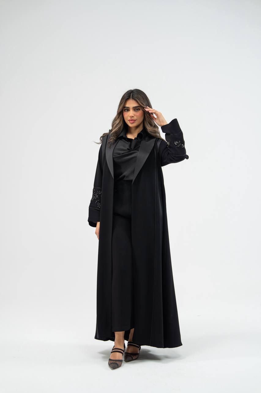 Black crepe fabric abaya with satin. C: 6755 black crepe
